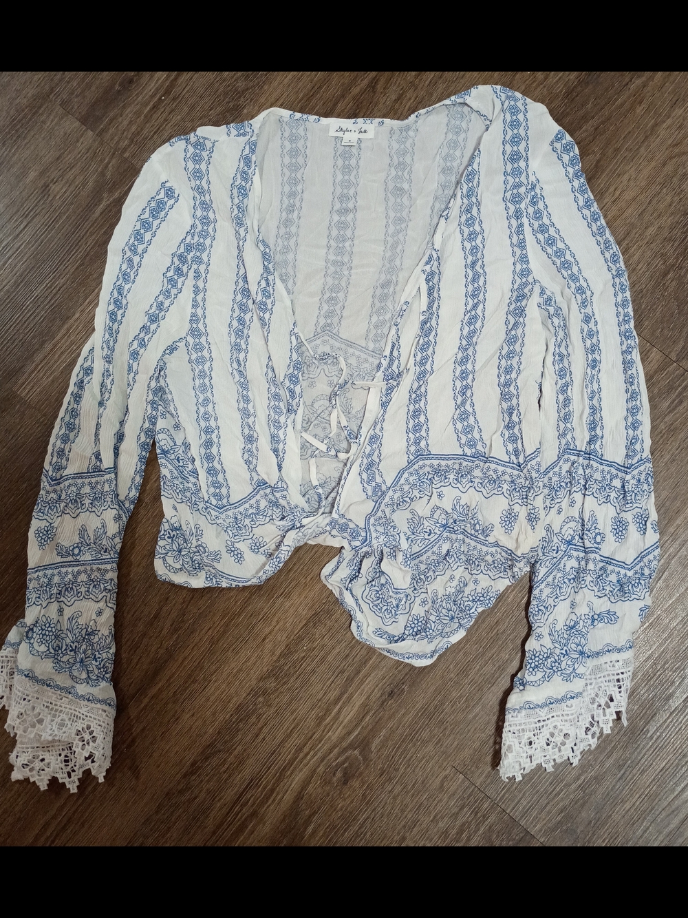 Embroidered Tie-Front Blouse in White with Blue Print